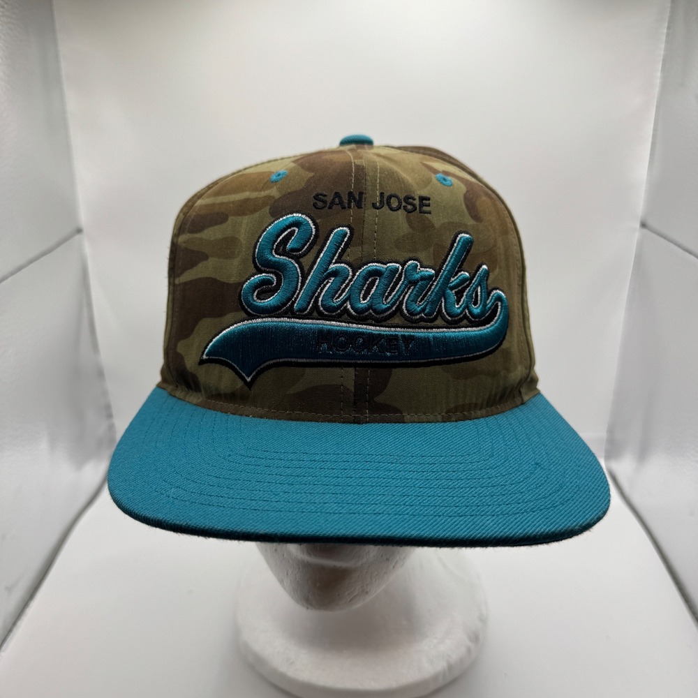San Jose Sharks Mitchell & Ness Snapback Hat NHL Camo Teal Flat Brim Cap Mens